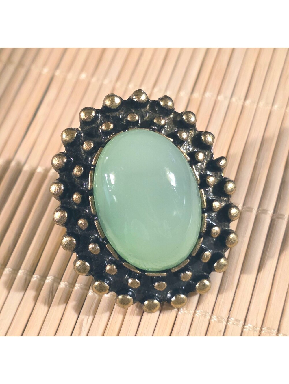 Bold Vintage 90s Bronze and Green Oval Cabochon Ring with Gothic Raised Dots